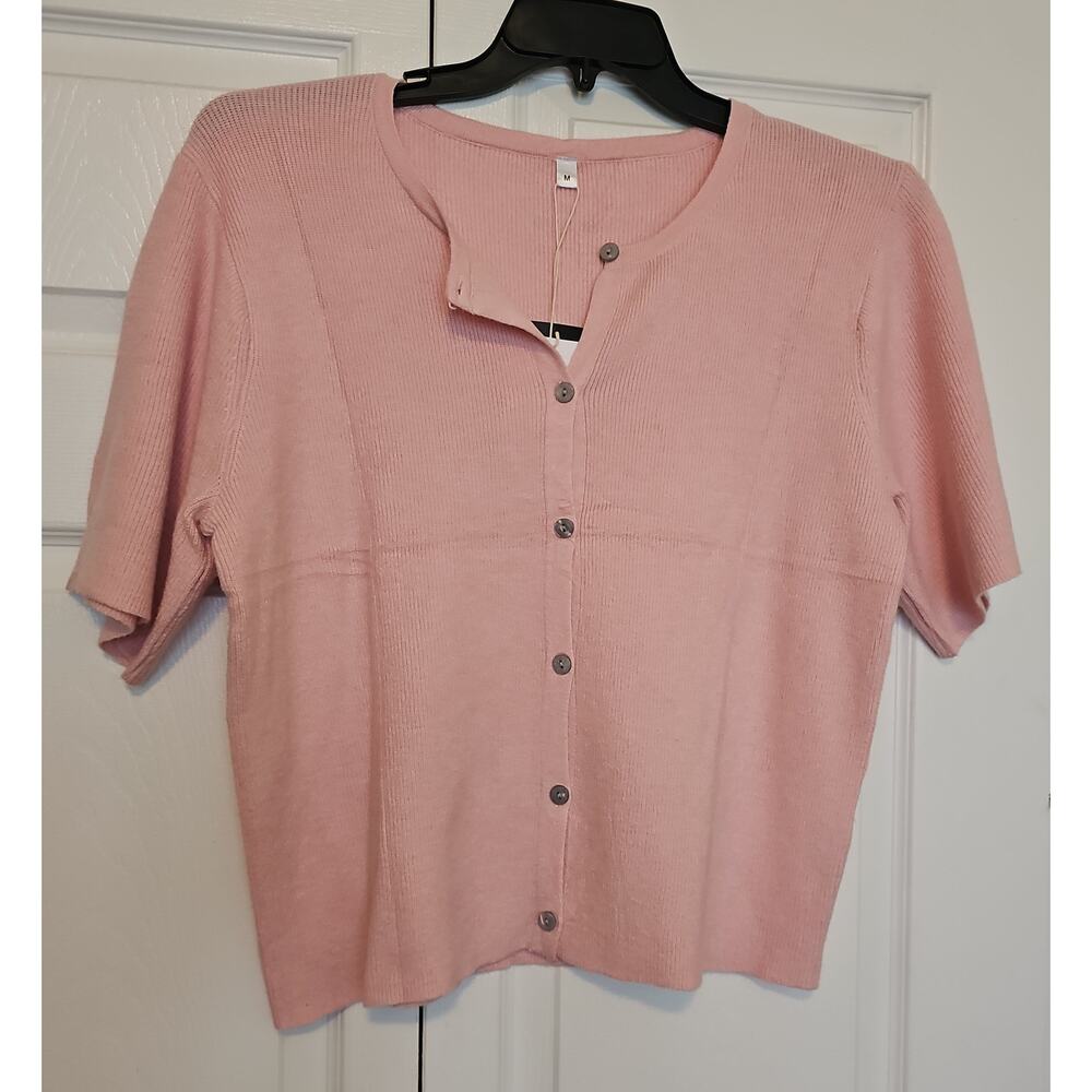 NWT Button Down Knit Top Womens Medium Pink Short Sleeve